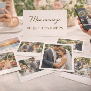 Photos de mariage imprimées capturées par les invités avec leur smartphone, illustrant le concept Mon mariage vu par mes invités