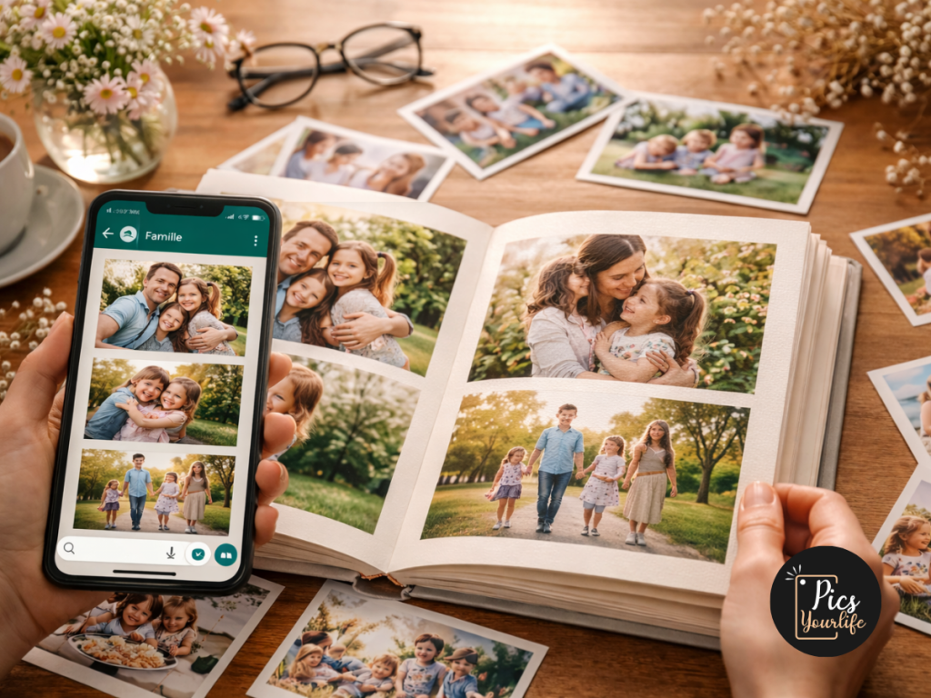 Album photo ouvert sur une table avec des photos imprimées et un smartphone affichant les mêmes souvenirs familiaux envoyés via WhatsApp.