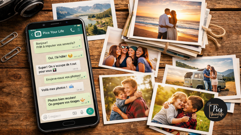Smartphone affichant une discussion WhatsApp avec Pics Your Life et des tirages photo 10x15 posés sur une table