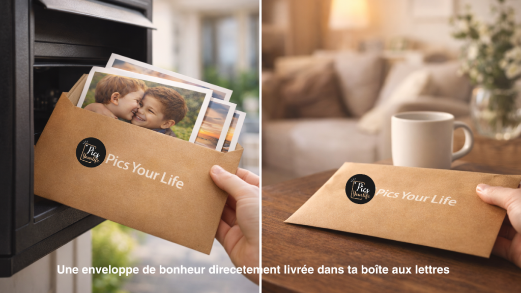 Enveloppe de tirages photo Pics Your Life livrée à domicile, posée dans un intérieur cocooning et chaleureux