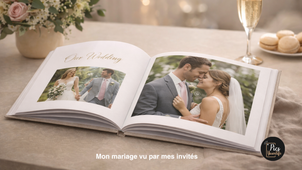 Livre photo de mariage posé sur une table élégante, mettant en valeur un album photo premium pour conserver les souvenirs du grand jour