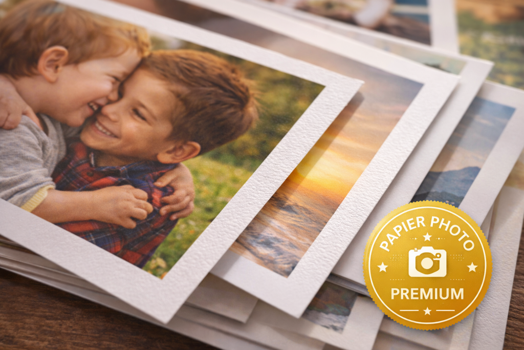 Gros plan sur des tirages photo 10x15 imprimés sur papier photo premium, mettant en valeur la texture et la qualité d’impression Pics Your Life