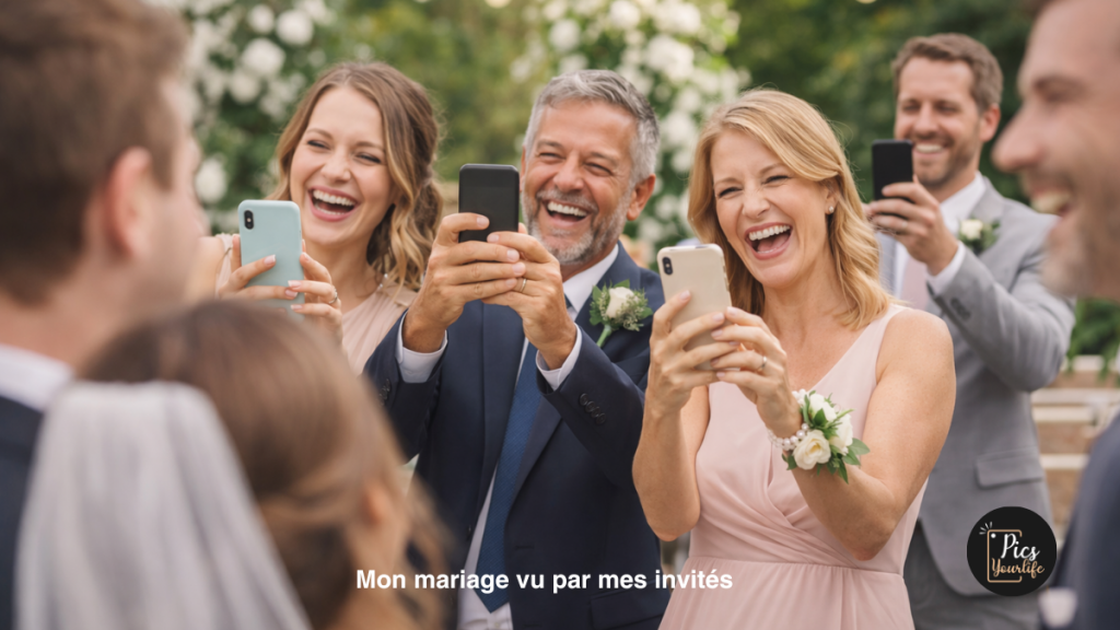 Invités de mariage prenant des photos avec leur smartphone et partageant des moments spontanés et joyeux