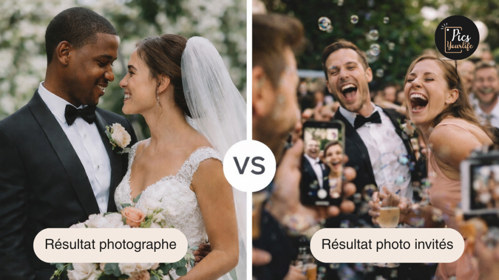 Comparatif photo de mariage entre résultat photographe professionnel et photos spontanées prises par les invités avec leur smartphone.